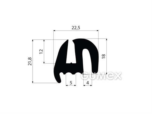 Pryžový profil do oken dopravních prostředků bez klínku, 21,8x22,5/5/4mm, 70°ShA, EPDM, -40°C/+100°C, černý